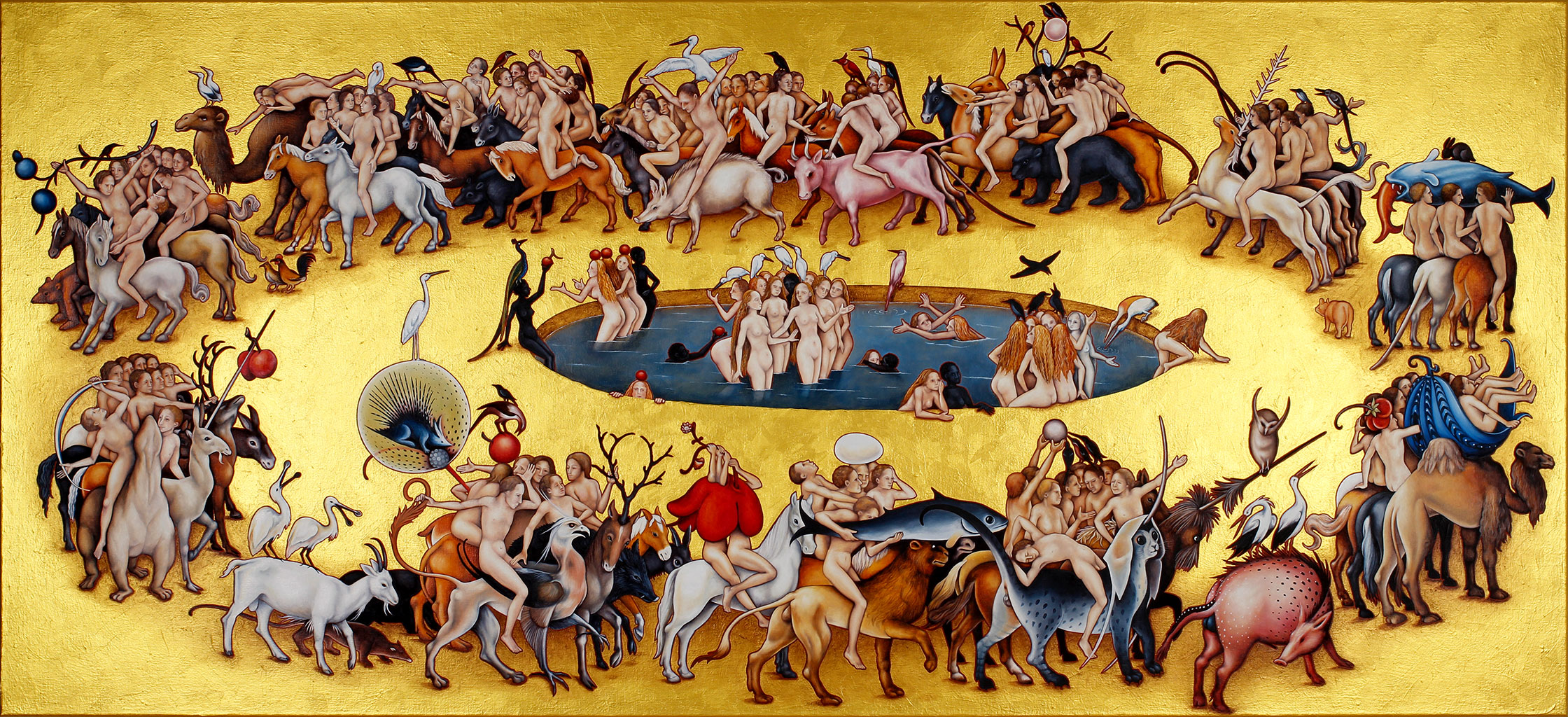 Annette von der Bey, nackte Männer reiten auf Tieren im Kreis um einen Brunnen mit nackten Frauen