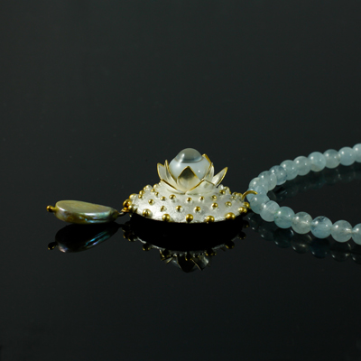 Schmuck von der Bey, Kette Auge, 935 Silber teilvergoldet, Glas, Aquamarin, Biwaperle