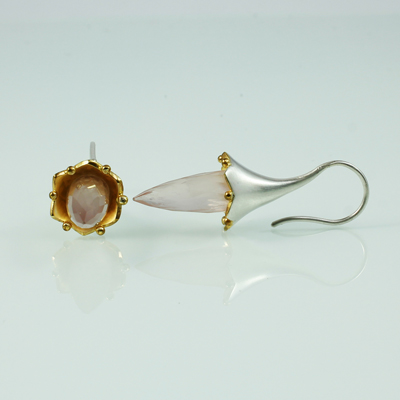 Schmuck von der Bey, Kelchohrringe, 935 Silber, teilvergoldet, Rosa Quarz