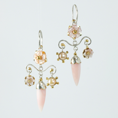 Schmuck von der Bey, Blütenohrringe, 935 Silber, Pinkopal, Perlmutt, Perle
